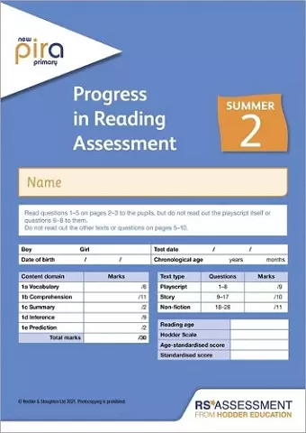 New PiRA Test 2, Summer PK10 (Progress in Reading Assessment) cover