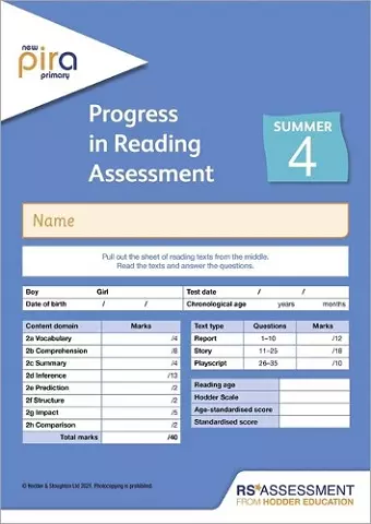 New PiRA Test 4, Summer PK10 (Progress in Reading Assessment) cover