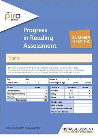 New PiRA Test R, Summer PK10 (Progress in Reading Assessment) cover