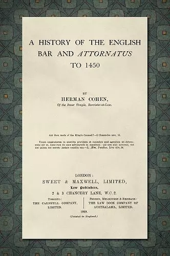 A History of the English Bar and Attornatus to 1450 [1929] cover