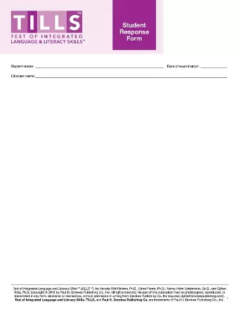 Test of Integrated Language and Literacy Skills® (TILLS®) Student Response Form cover