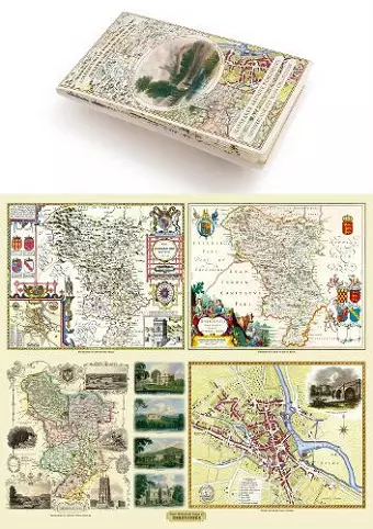 Derbyshire 1610 – 1836 – Fold Up Map that features a collection of Four Historic Maps, John Speed’s County Map 1611, Johan Blaeu’s County Map of 1648, Thomas Moules County Map of 1836 and Cole and Roper’s Plan of the City of Derby 1806. The map’s als... cover